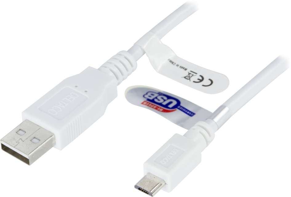 DELTACO USB 2.0 typ A til Micro-B USB, 5-pin, 3m, hvit
