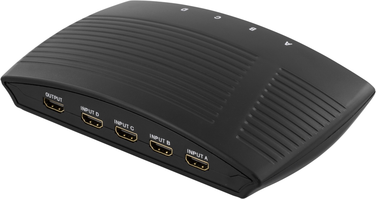 DELTACO manuell HDMI-bryter, 4 innganger til én utgang, 19-pinners hunn (HDMI-206)
