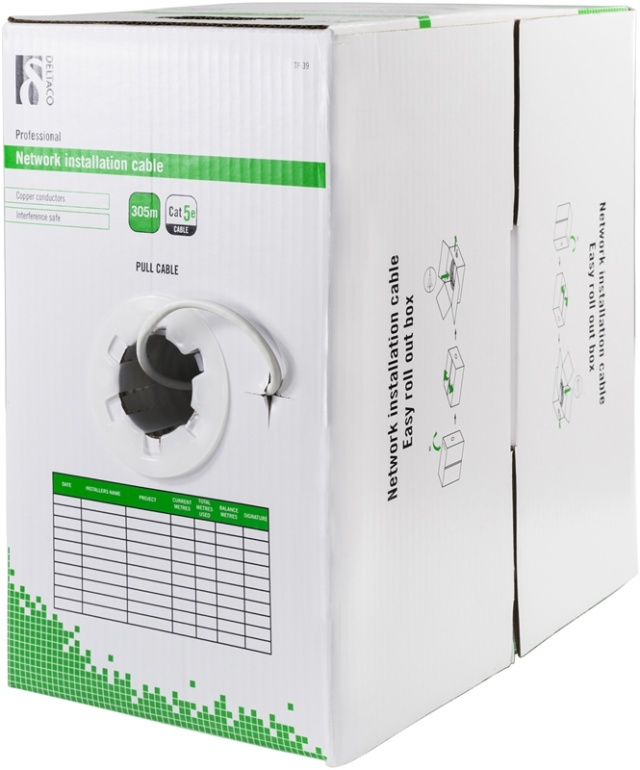 DELTACO UTP installasjonskabel Cat5e 305m boks,hvit