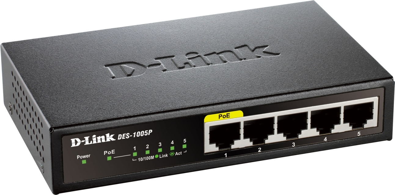 D-Link 5-port Fast Ethernet PoE-bryter for skrivebord (DES-1005P)