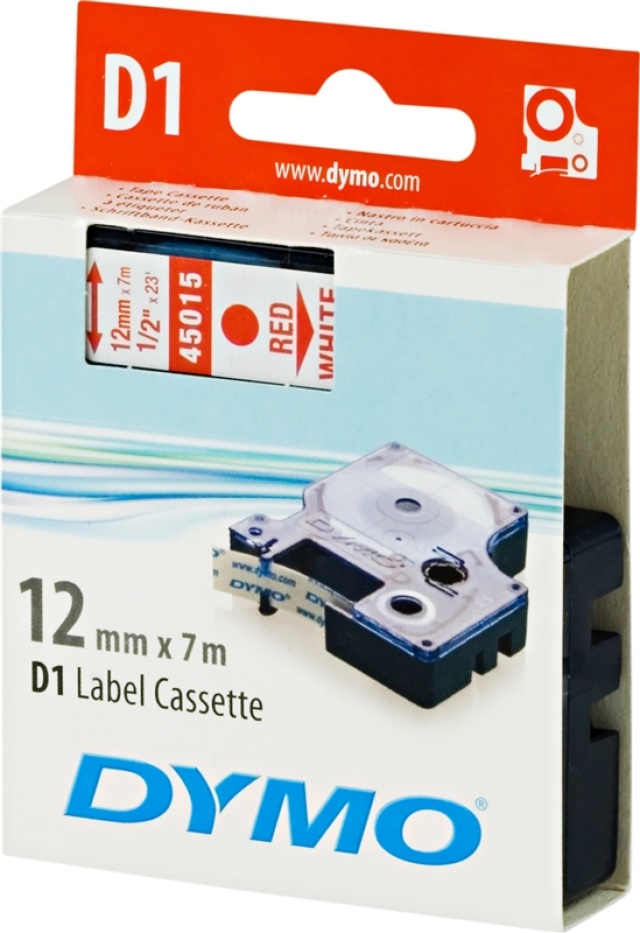 DYMO D1 etikettbånd standard 12 mm, rød på hvit, 7 m rull (45015)