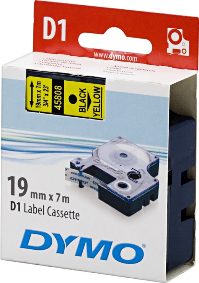 DYMO D1 etikettbånd standard 19 mm, svart på gul, 7 m rull (S0720880)