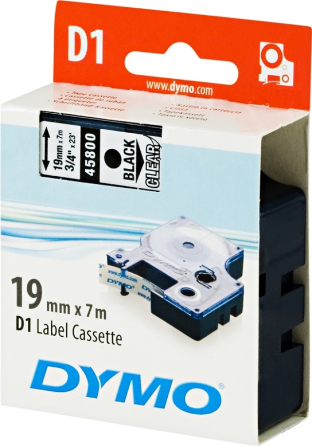 DYMO D1 etikettbånd standard 19 mm, svart på transparent, 7 m rull (45800)