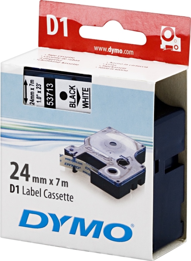 DYMO D1 etikettbånd standard 24 mm, svart på hvit, 7 m rull (S0720930)
