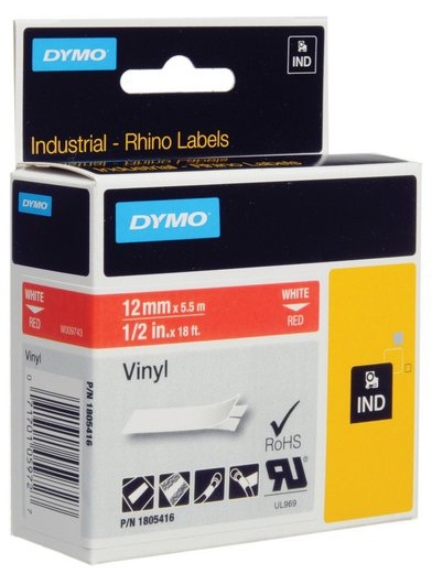 DYMO Rhino Professional, 12 mm, merkevarevennlig vinyltape, hvit tekst på rød tape (1805416)