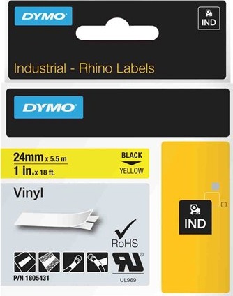 DYMO RhinoPRO 24 mm vinyltape, svart på gul, 5,5 m rull (1805431)