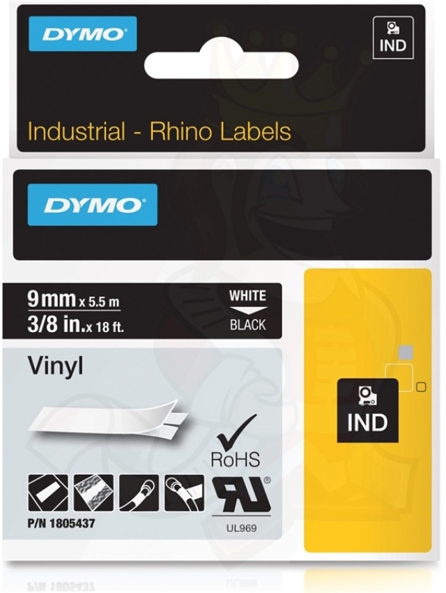 DYMO RhinoPRO 9mm vinylteip, hvit på svart, 5.5m rull