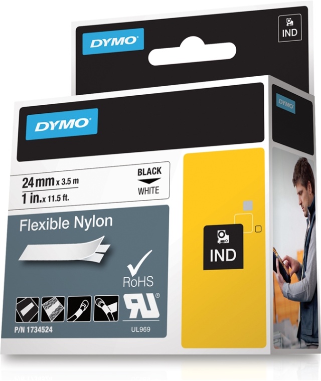 DYMO RhinoPRO merketeip fleks nylon 24mm, svart på hvitt, 3,5m