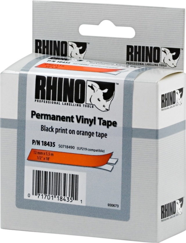 DYMO RhinoPRO etikettbånd permanent vinyl 12 mm, svart på oransje, 5,5 m rull (18435)