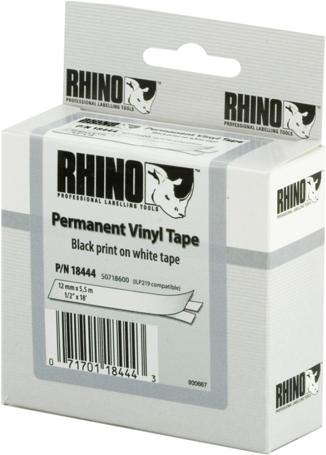 DYMO RhinoPRO etikettbånd permanent vinyl 12 mm, svart på hvit, 5,5 m rull (18444)