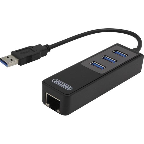 DELTACO nettverksadapter, 1xGigabitRJ45, 1xUSB3 A ha, 3x USB3 ho