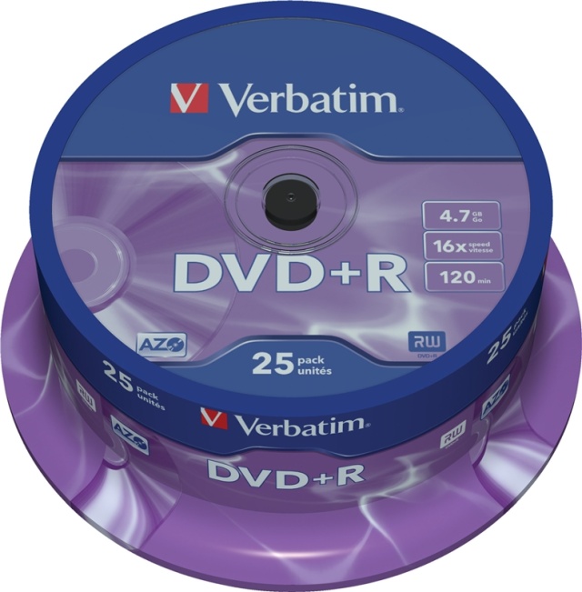 Verbatim DVD+R, 16x, 4,7 GB/120 min, 25-pakning spindel, AZO (43500)