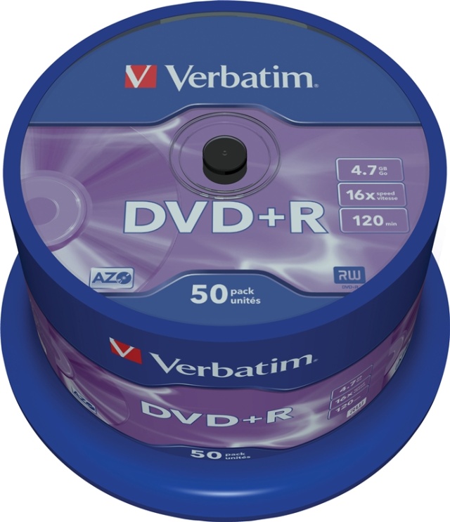 Verbatim DVD+R, 16x, 4,7 GB/120 min, 50-pakning spindel, AZO (43550)