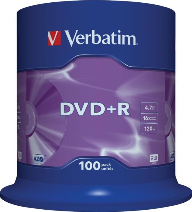 Verbatim DVD+R, 16x, 4,7 GB/120 min, 100-pakning spindel, AZO (43551)