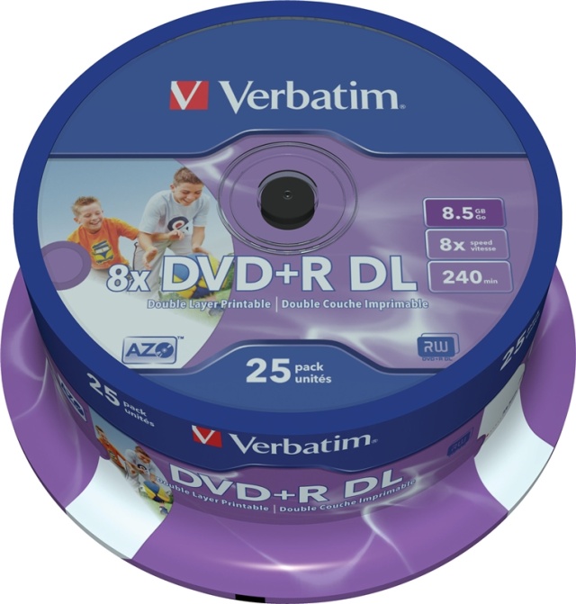 Verbatim DVD+R DL, 8x, 8,5 GB/240 min, 25-pakning spindel, AZO, utskrivbar (43667)