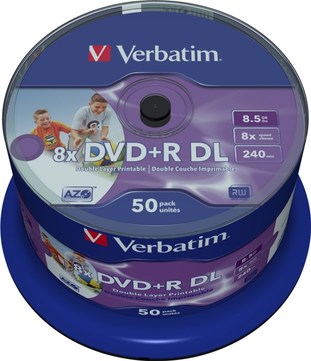 Verbatim DVD+R DL, 8x, 8,5 GB/240 min, 50-pakning spindel, AZO (43703)