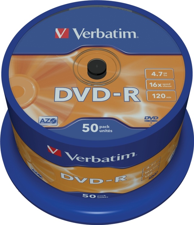 Verbatim DVD-R, 16x, 4,7 GB/120 min, 50-pakning spindel, AZO (43548)