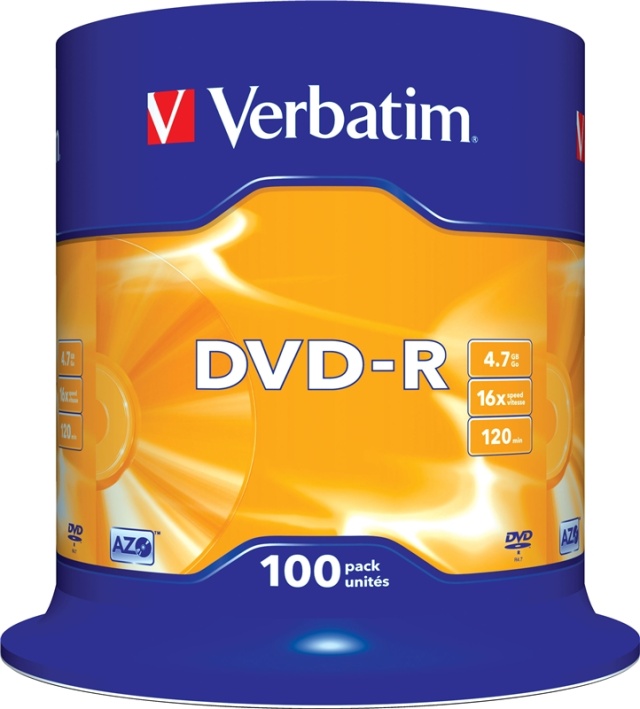 Verbatim DVD-R, 16x, 4,7 GB/120 min, 100-pakning spindel, AZO (43549)