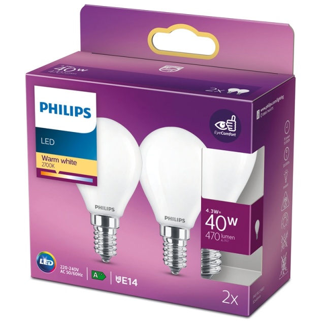 Philips 2-pakning LED E14 Sphere 4,3W (40W) Frost 470lm