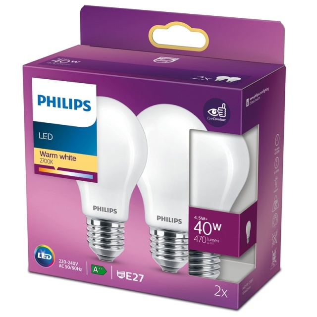 Philips 2-pakning LED E27 Normal 40W Frost 470lm
