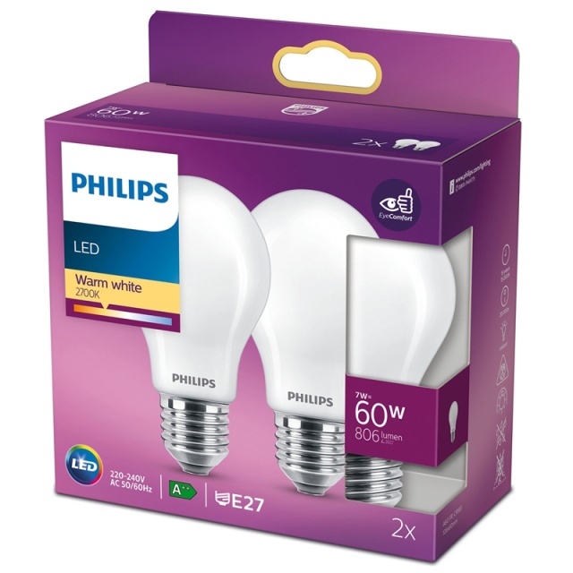 Philips 2-pakning LED E27 Normal 60W Frost 806lm