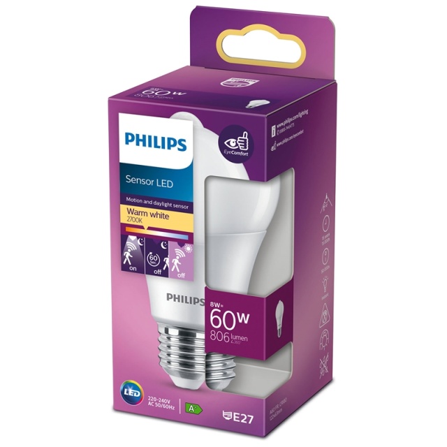 Philips LED E27 Normal 60W bevegelsessensor 806lm
