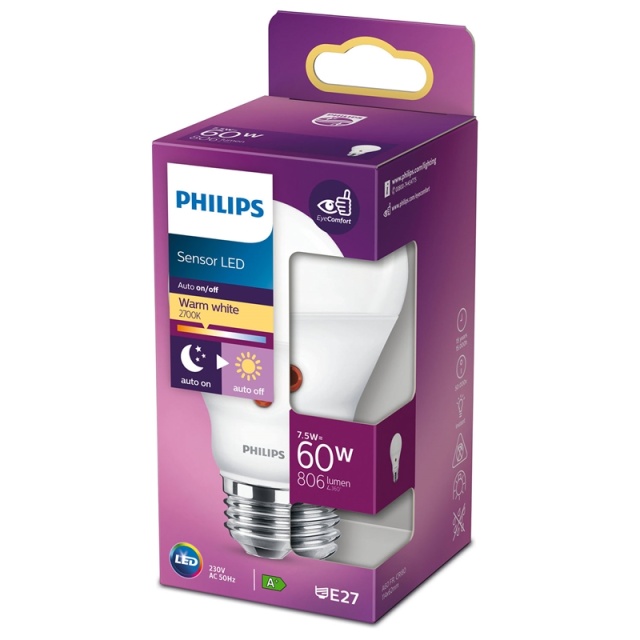 Philips LED E27 Normal 60W Skumringssensor 806lm