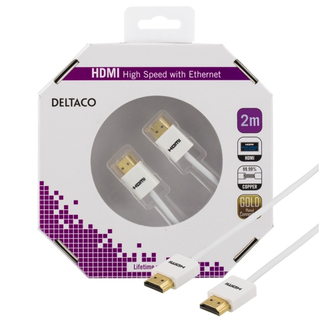 DELTACO tynn HDMI-kabel, 2 m, hvit blisterpakning (HDMI-1092A-K)