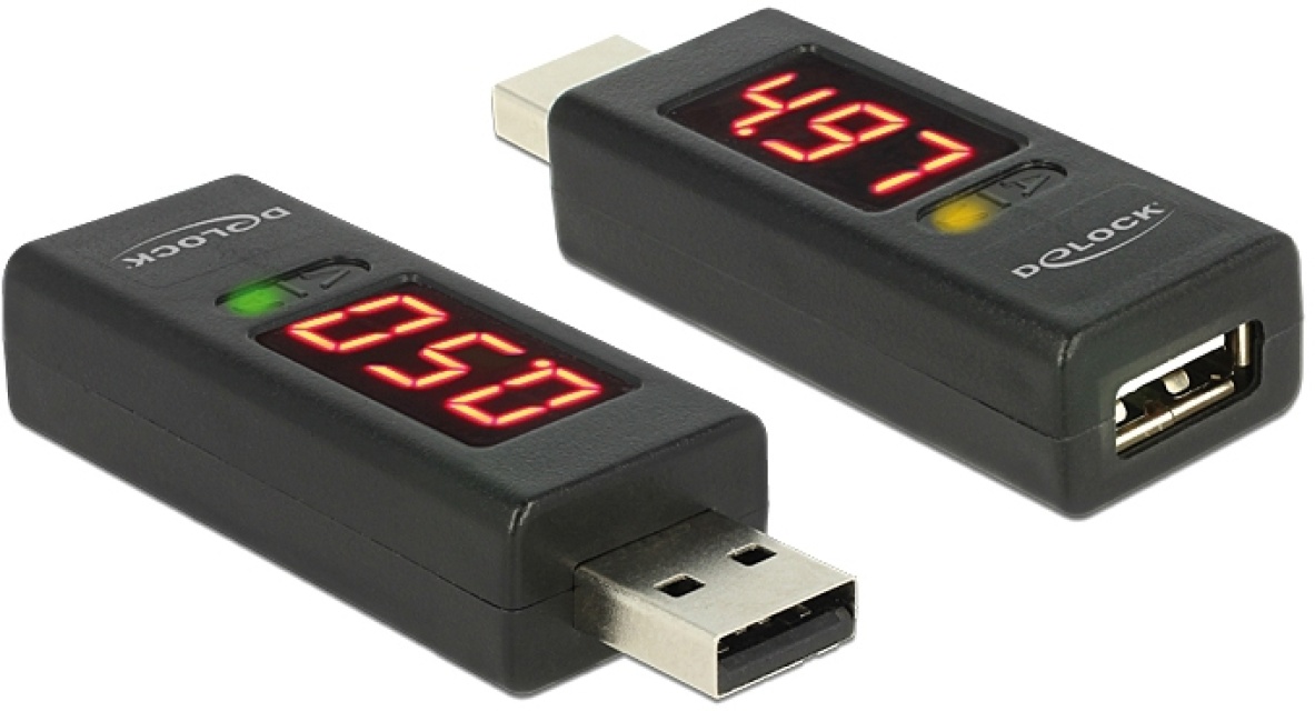 DeLOCK adapter, amperemeter og voltmeter, USB Type A ha - Type A ho, svart
