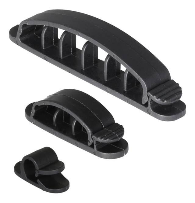 DELTACO selvklebende kabelklemmer, 1/3/6 plasser, 10-pk, svart