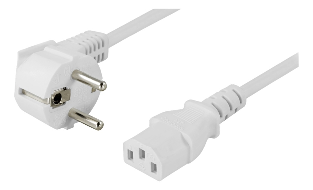 DELTACO apparatkabel, vinklet CEE 7/7 til IEC 60320 C13, 10m, hvit