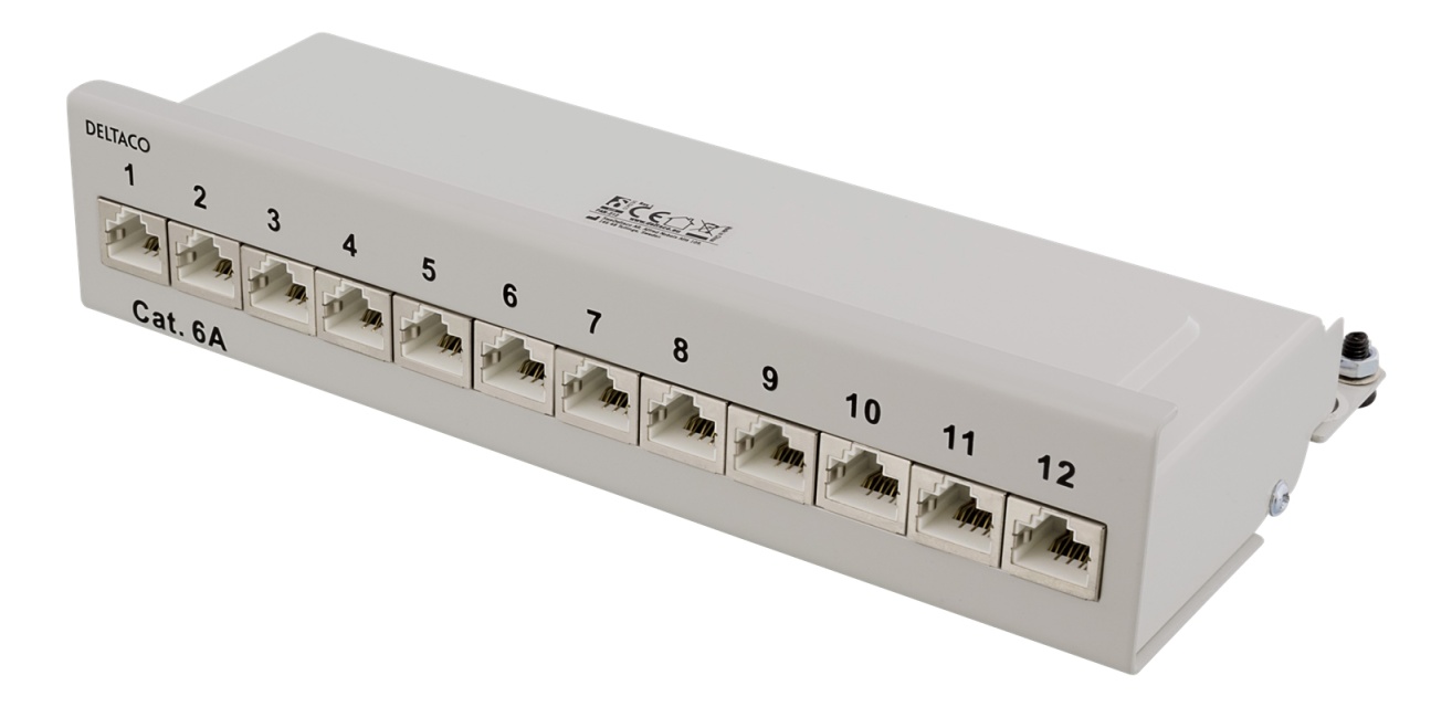 DELTACO Kretspanel, 12xRJ45, Cat6a, veggmonterbart, 10Gbps, grå