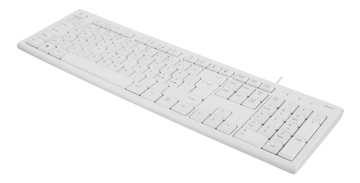 DELTACO Tastatur, nordisk layout, USB, 1,1 m kabel, hvit