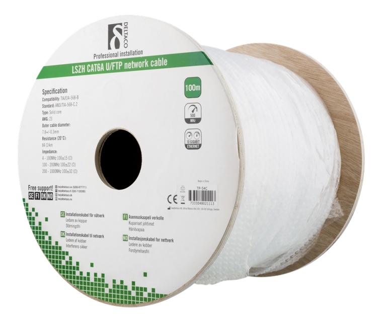 DELTACO U/FTP Cat6a installasjonskabel, 100m trommel, 500MHz, LSZH, hvit