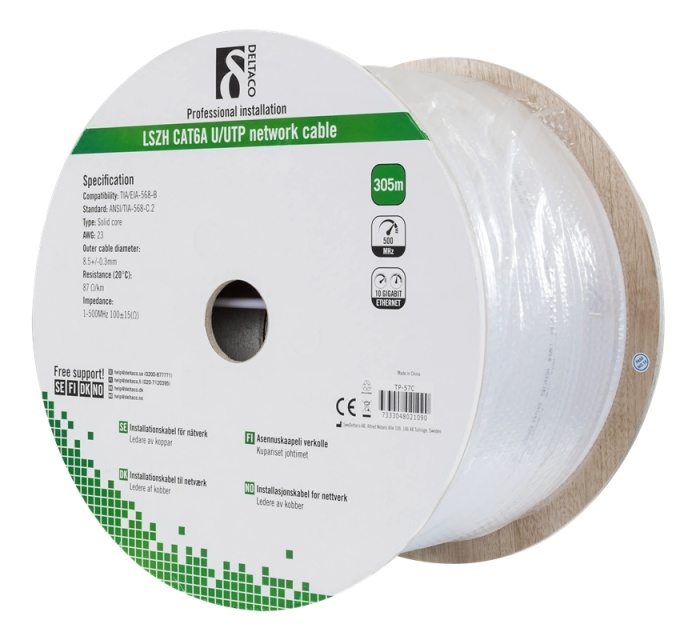 DELTACO U/UTP Cat6a installasjonskabel, 305m trommel, 500MHz, LSZH, hvit