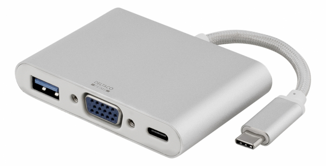 DELTACO PRIME USB-C til VGA og USB A, USB-C-port for lading, sølv