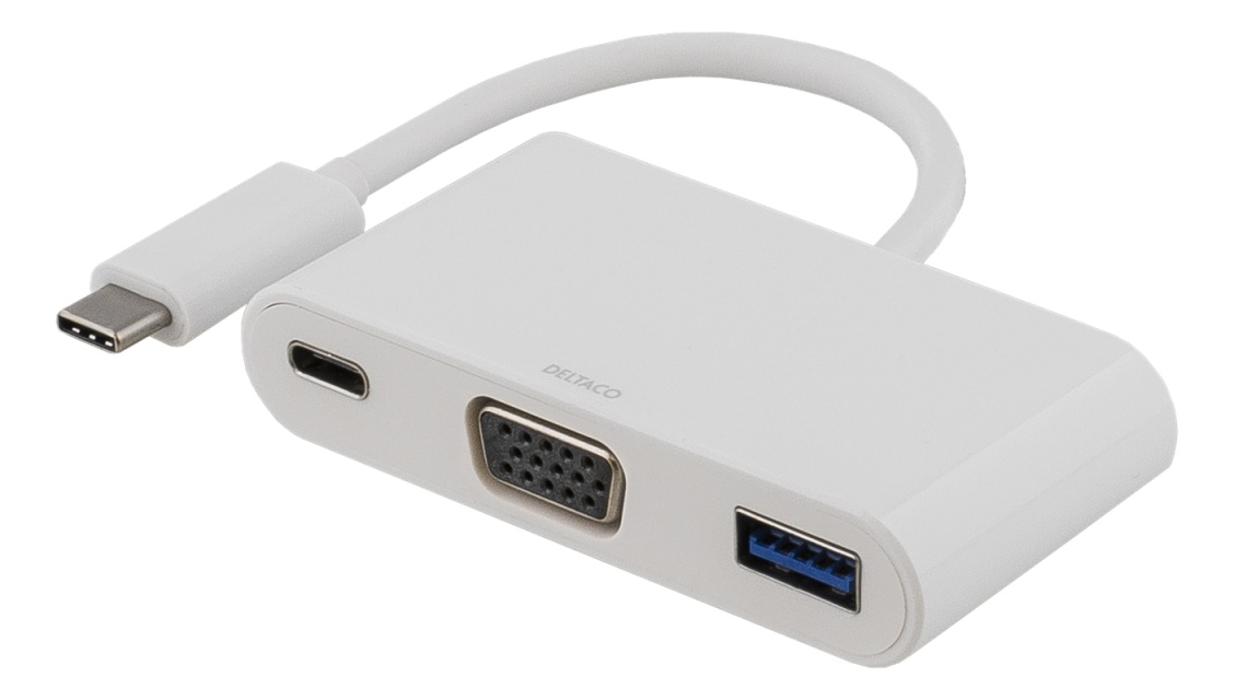 DELTACO USB-C til VGA- og USB Type A-adapter, USB-C ho, 60 W, hvit