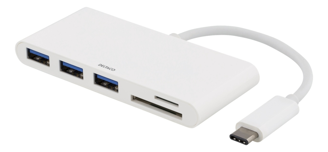 DELTACO USB 3.1 Gen 1-hub, USB-C, 3USB A, SD/microSD-leser, hvit
