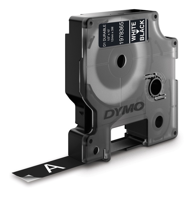 DYMO Slitesterk D1-tape, 12 mm, 3 m, hvit tekst på svart tape