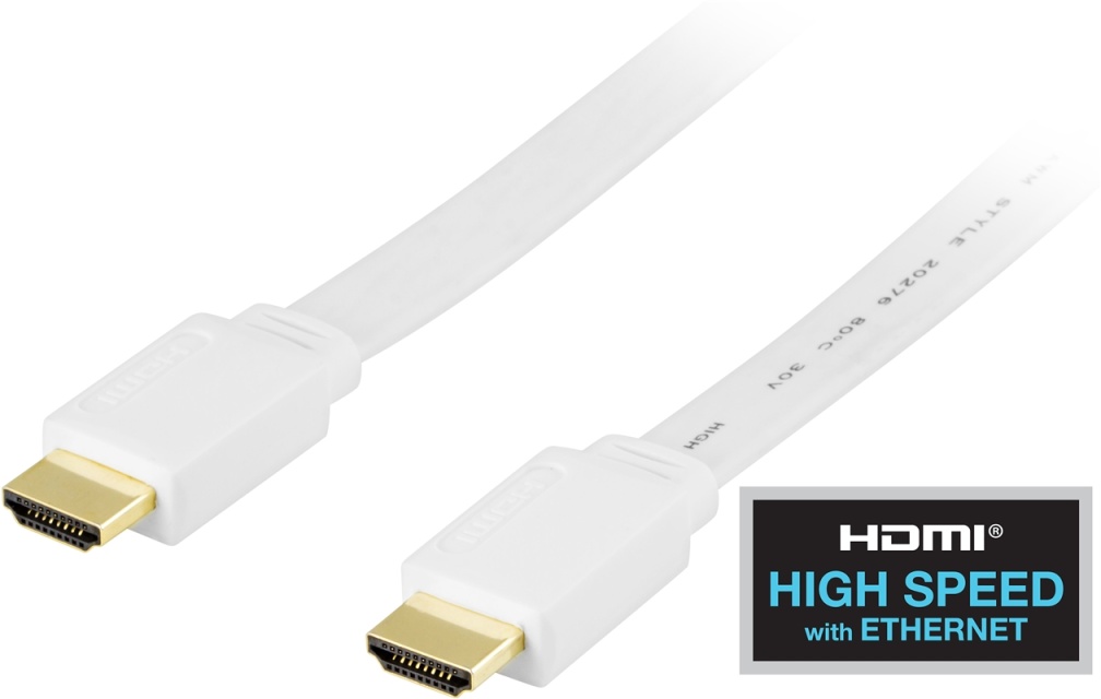 DELTACO HDMI-kabel, v1.4+Ethernet, 19-pin ha-ha, 1080p,flat,vit, 3m