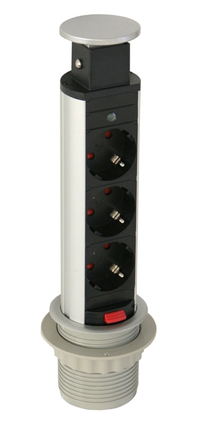 SmartLine PopUp-strømuttak, 3xCEE 7/4, 1,5 m kabel, svart/sølv