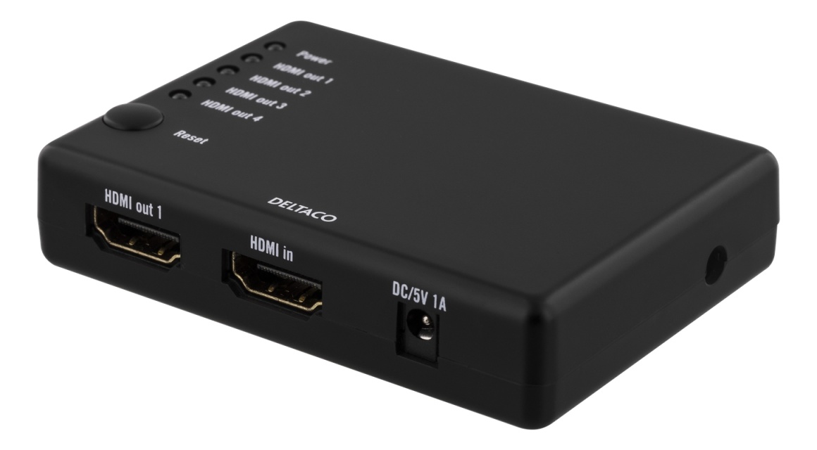 DELTACO HDMI-splitter, 1x HDMI inn, 4x HDMI ut, 6,75 Gbit/s, svart