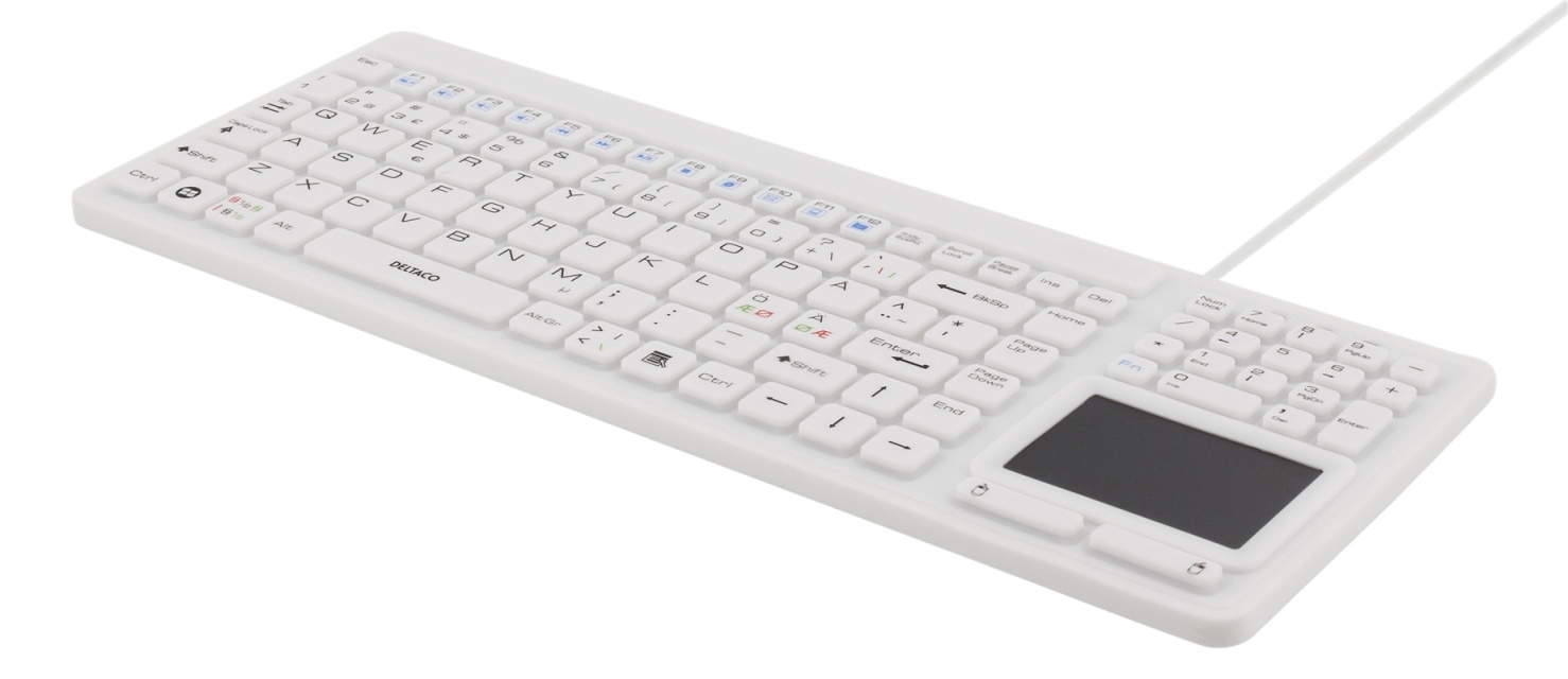 DELTACO silikontastatur med touchpad, IP68, 105 + 12 medietaster, hvit