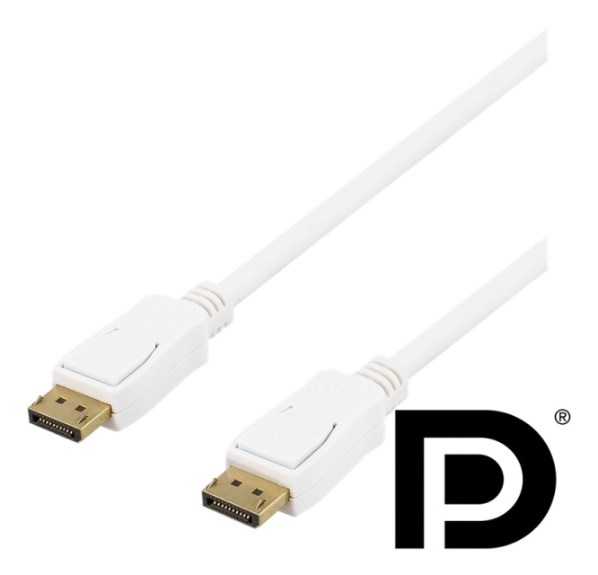 DELTACO DisplayPort-kabel, 2 m, 4K UHD, DP 1.2, hvit