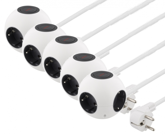 5-pack DELTACO Kuleformet strømskinne med bryter, 4xCEE 7/4, 1xCEE 7/7, hvit