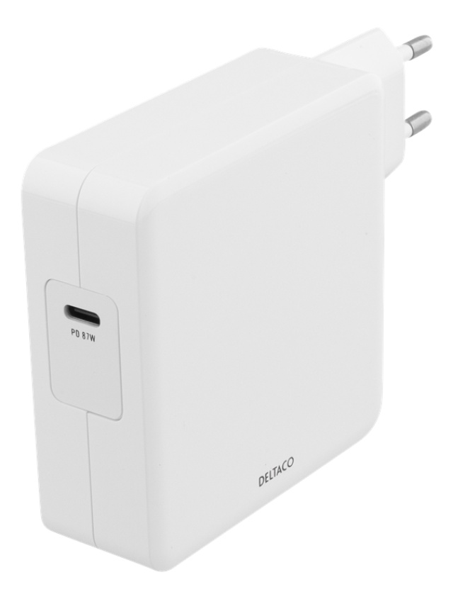 DELTACO 87 W USB-C-strømadapter, hurtiglading, USB-C PD, hvit