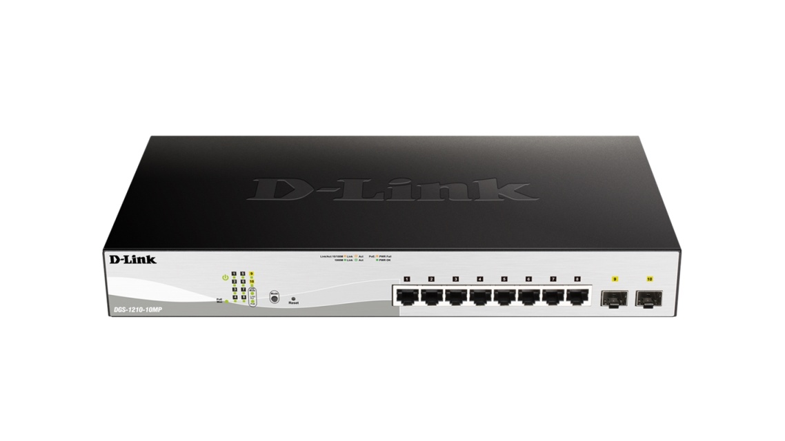 D-Link 10-port administrert svitsj, 2x SFP, 130W PoE+, Gigabit, hvit