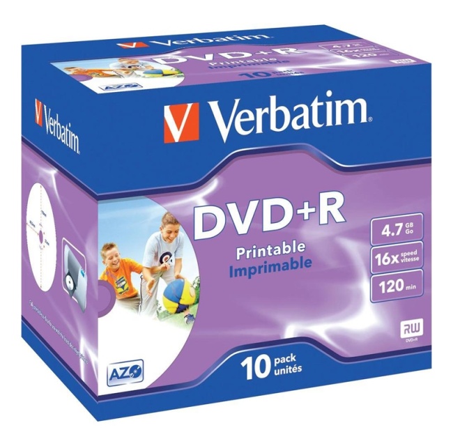Verbatim DVD+R, 16x, 4,7 GB/120 min, 10-pk. jewel case, AZO, utskrivbar