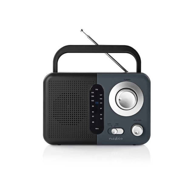 Nedis FM-radio | Bærbar design | FM | Batteri drevet / Nettstrøm drevet | Analog | 2.4 W | Svart hvit skerm | Hodetelefonutgang | IP20 | Håndtak | Grå / Sort
