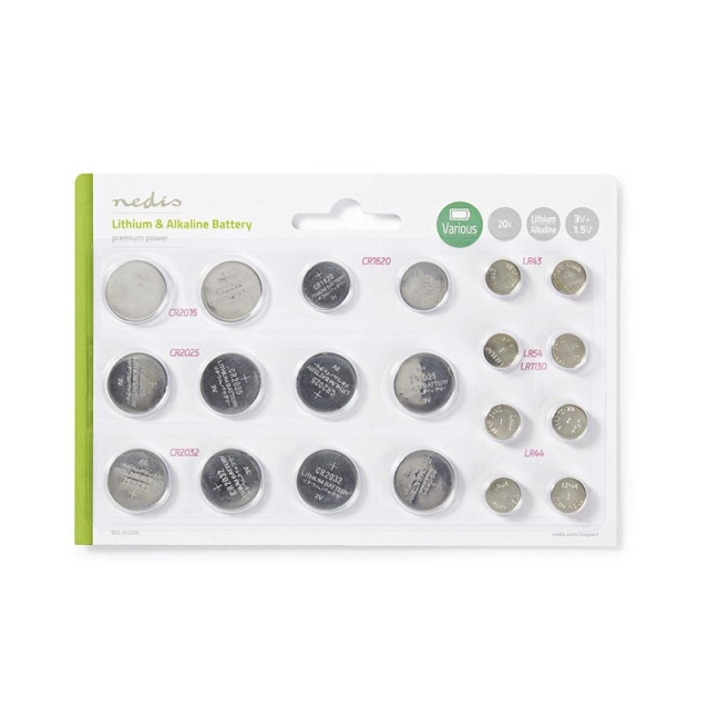 Nedis Litium / Alkaline Button Cell Battery Multi Pack | 1.5 / 3 V DC | Alkalisk / Litium | CR1620 / CR2016 / CR2025 / CR2032 / LR43 / LR44 / LR54 | Antall batterier: 20 stk. | Blister Kort | Ulike enheter
